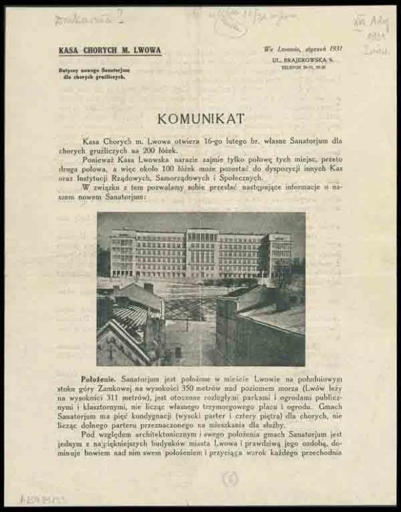 Komunikat Kasy Chorych miasta Lwowa, 1931